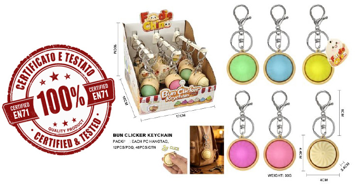 BUN CLICKER Raviolo con Click – Portachiavi 6cm (Dia 3cm) In espo da 12pz 6ass…x12…x48